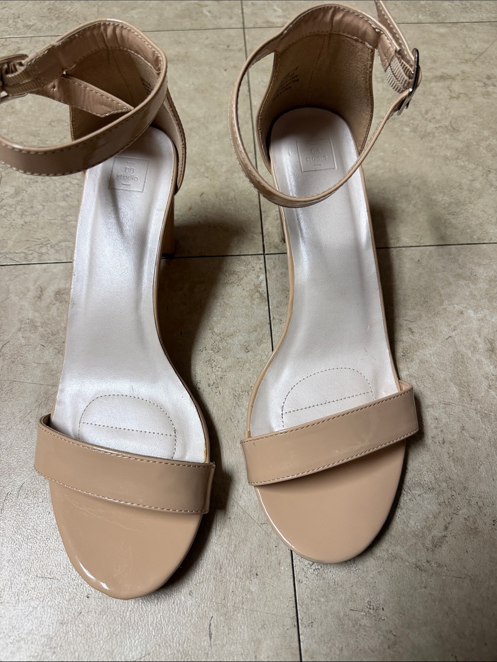 David's Bridal Nude Patent Ankle-Strap Block Heel Sandals
